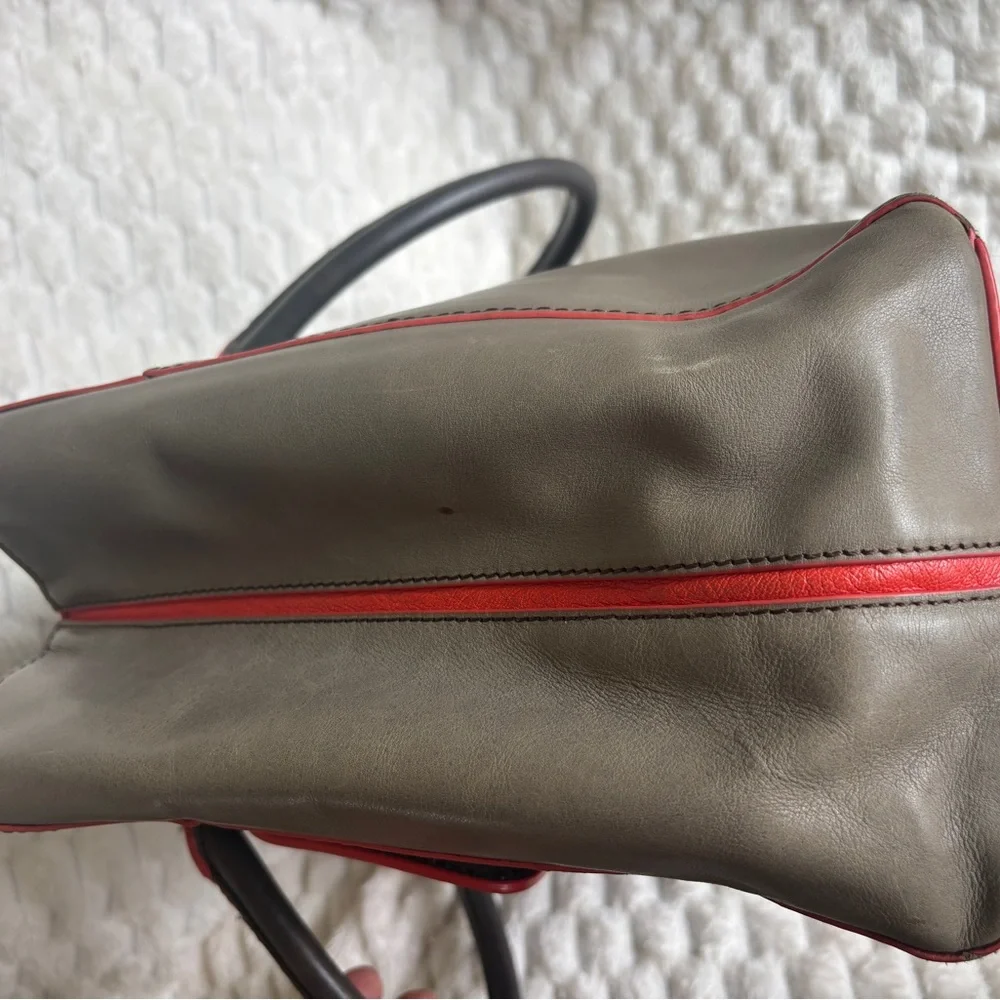 DVF Diane von Furstenberg Gray Taupe Leather Large Tote Red Trim Silver Hardware
